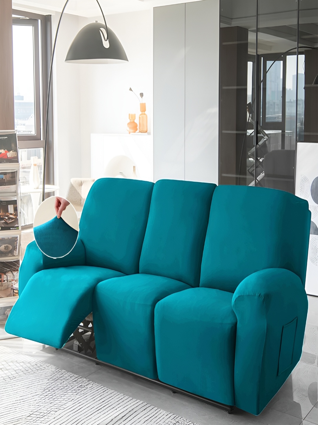 

HOKIPO Turquoise Blue Velvet 3 Seater Stretchable Sofa Cover With Arms