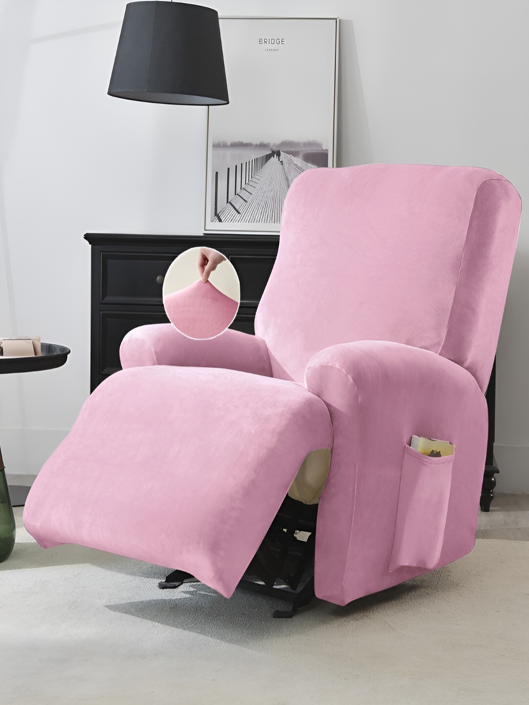 

HOKIPO Pink Velvet 1 Seater Stretchable Sofa Cover With Arms