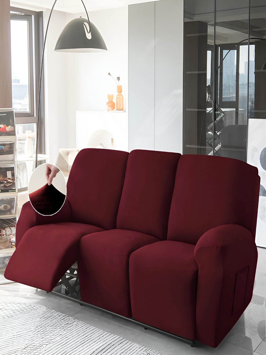 

HOKIPO Burgundy Velvet 3 Seater Stretchable Recliner Sofa Cover With Arms