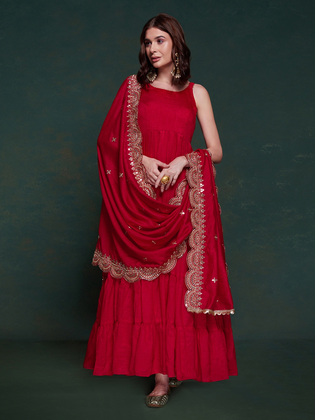 

Fusionic Shoulder Straps Tiered Ruffled Georgette Flared Maxi Ethnic Dress with Dupatta, Red