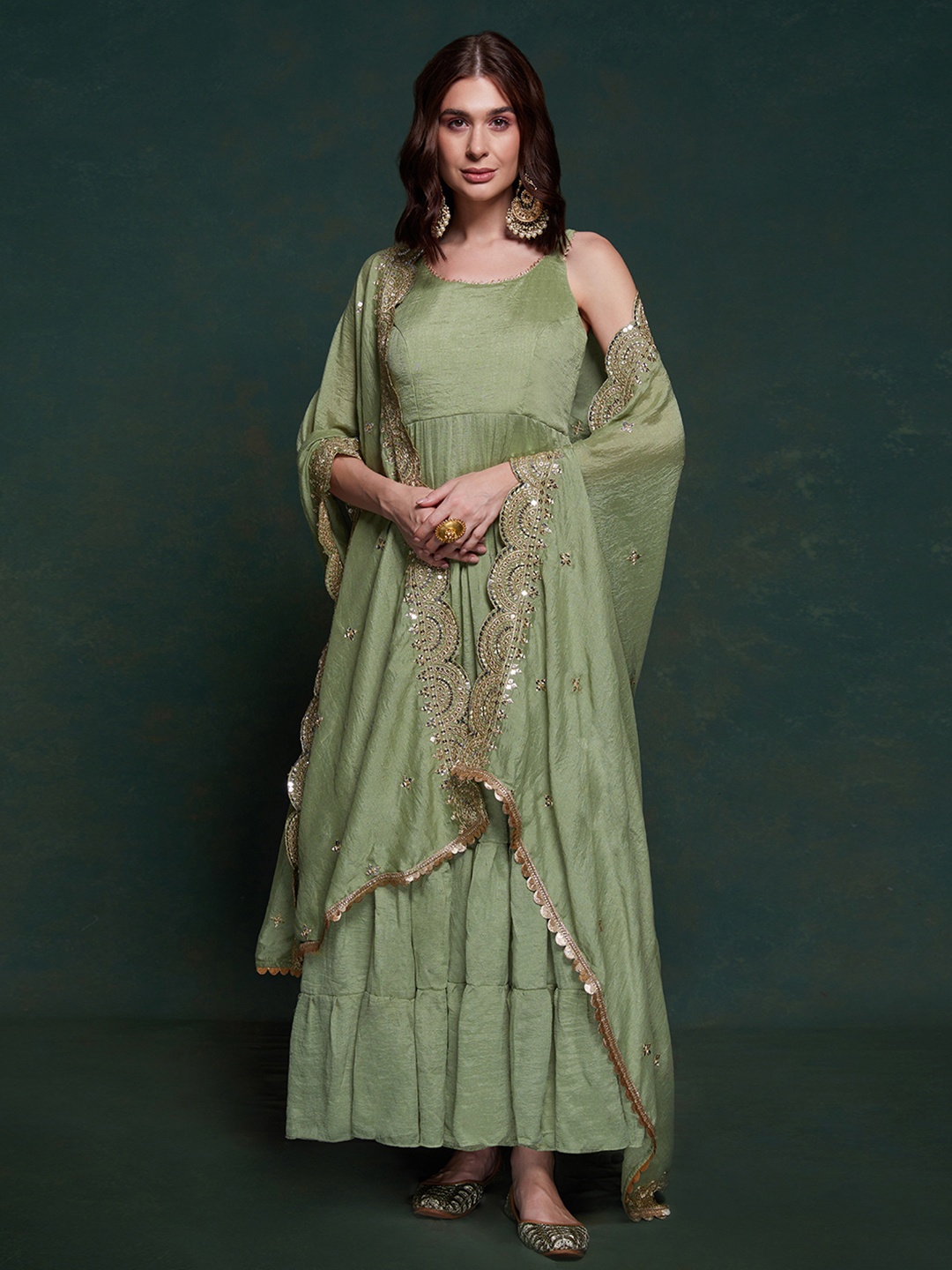 

Fusionic Sleeveless Maxi Ethnic Dresses With Embroidered Dupatta, Green