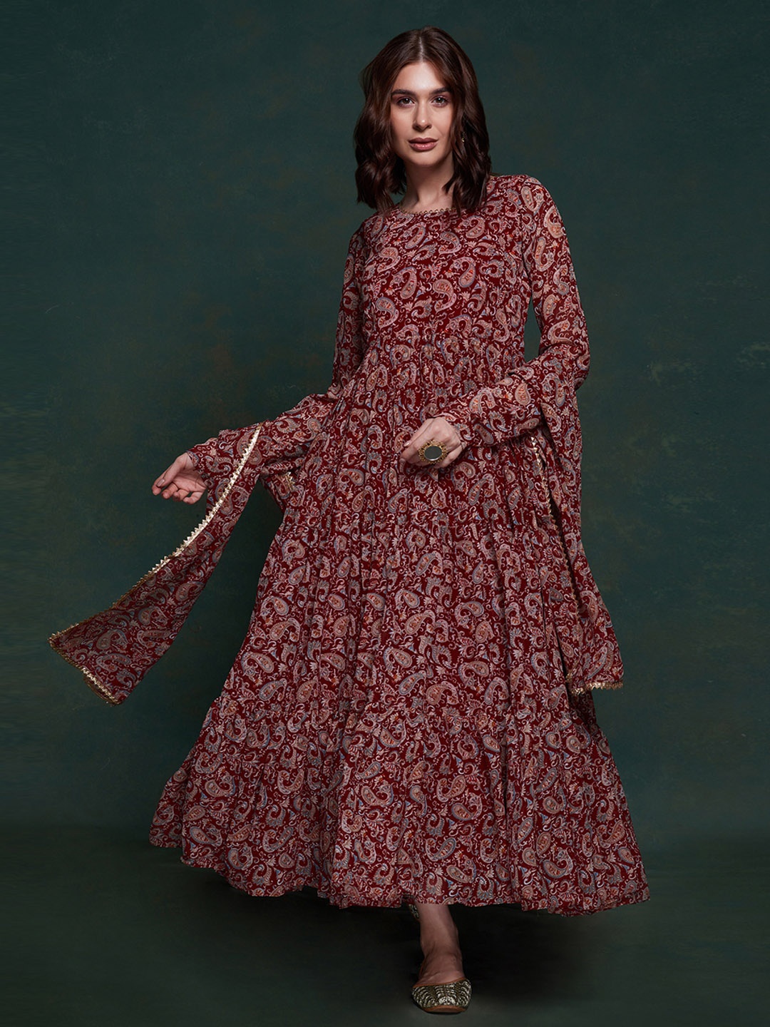 

Fusionic Printed Ethnic Dress With Dupatta Set, Maroon