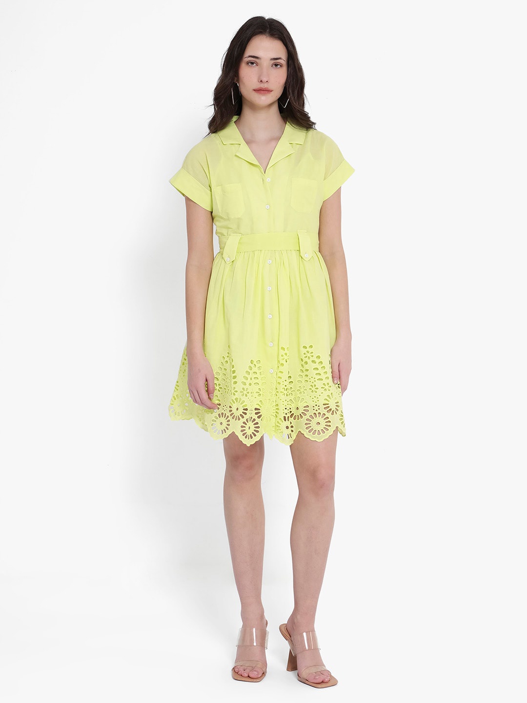 

RAREISM Shirt Collar Cotton Fit & Flare Dress, Yellow