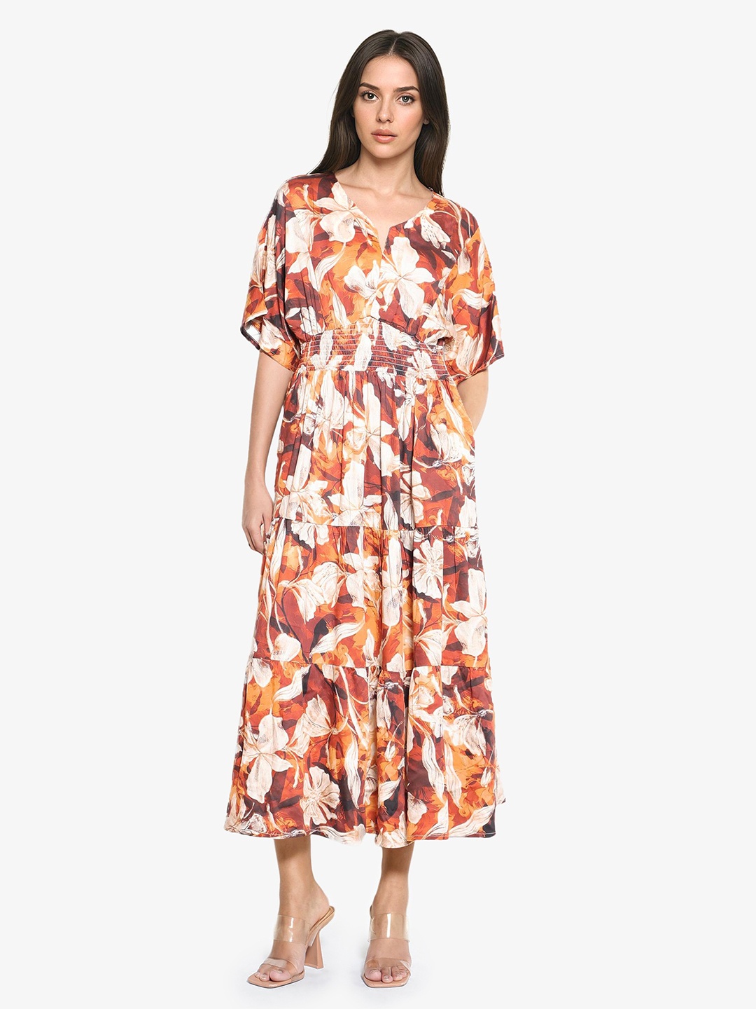 RAREISM Floral Printed Short Sleeve Smocking Fit & Flare Midi Dress, Brown