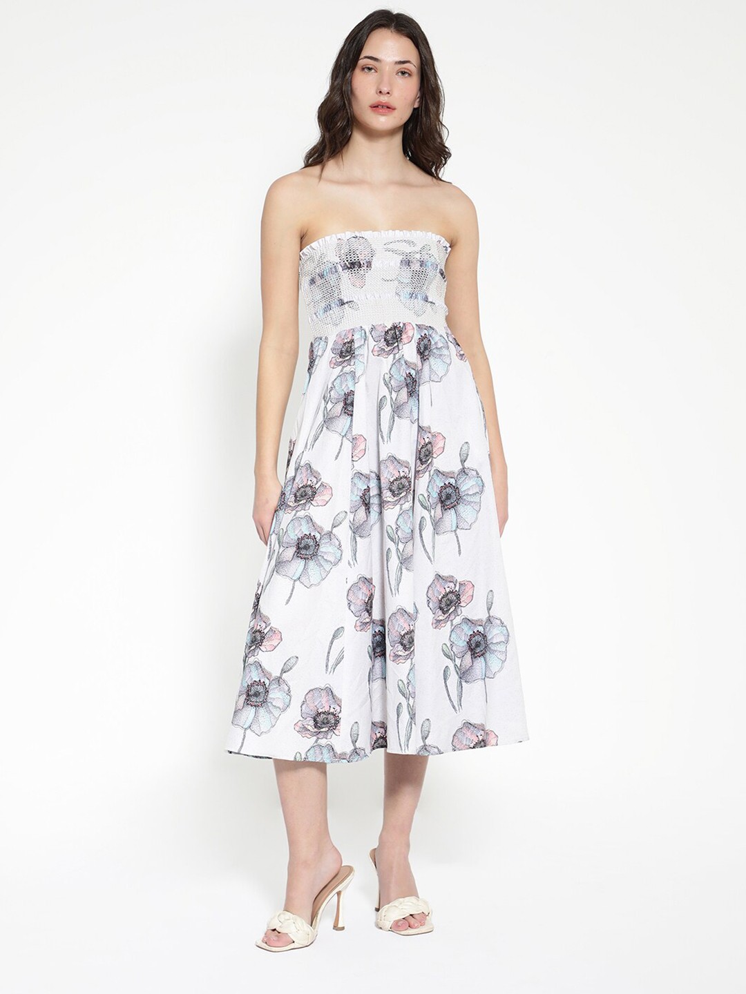 

RAREISM Off Shoulder Floral Printed Cotton Fit & Flare Midi Dress, White