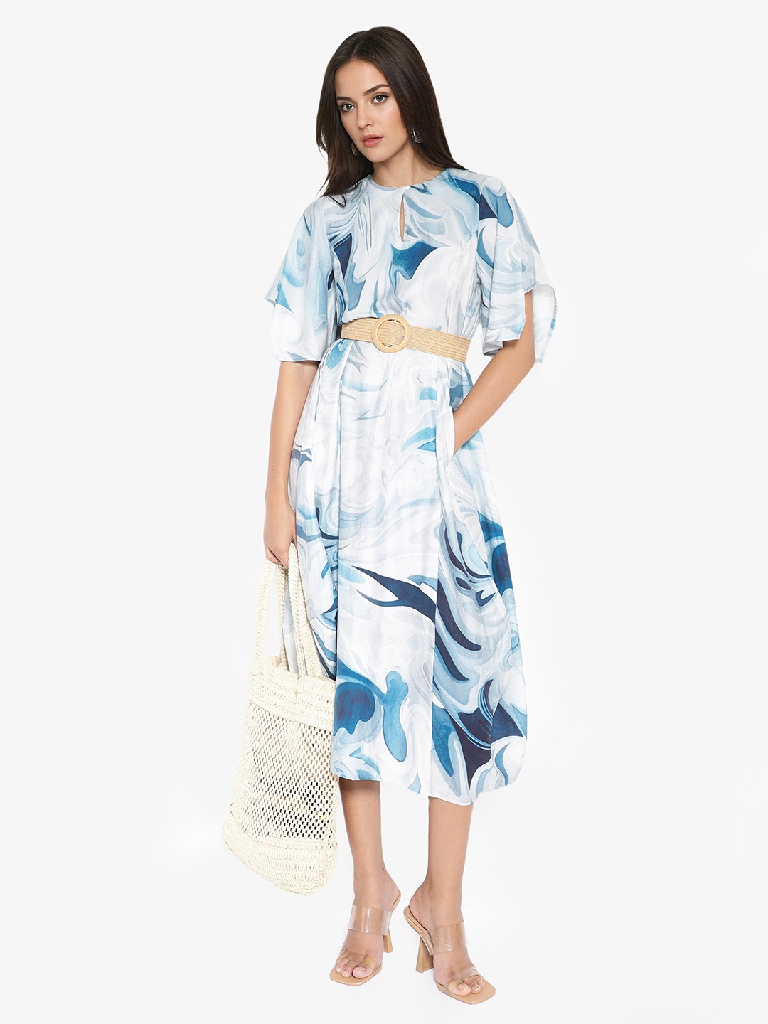 

RAREISM Keyhole Neck Flared Sleeves Cotton Abstract Print A-Line Midi Dress, Blue