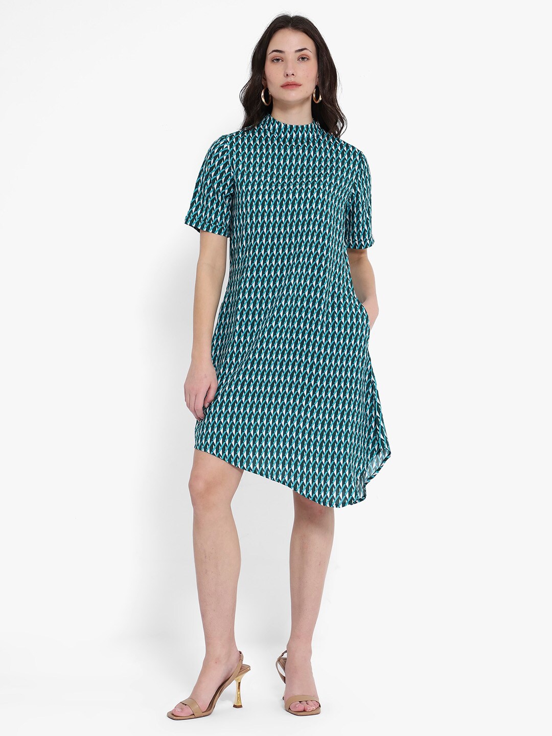 

RAREISM High Neck Printed Cotton A-Line Dress, Green