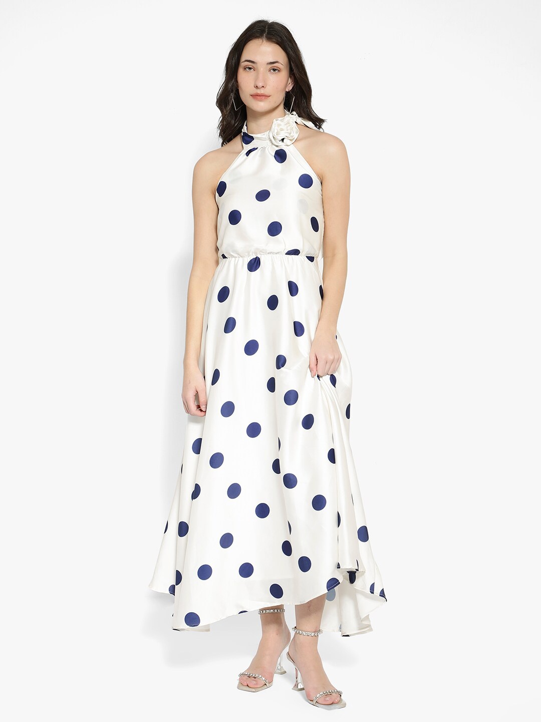 

RAREISM Polka Dot Printed Halter Neck Maxi Dress, White