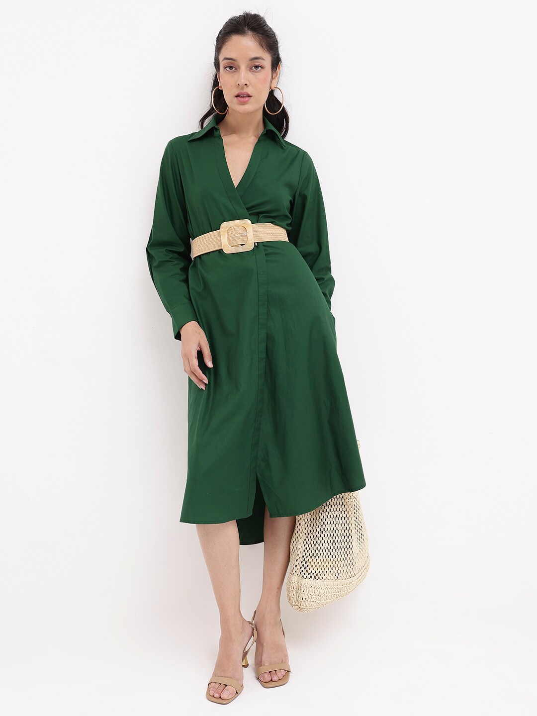 

RAREISM Shirt Collar Long Sleeves Wrap Midi Dress, Green