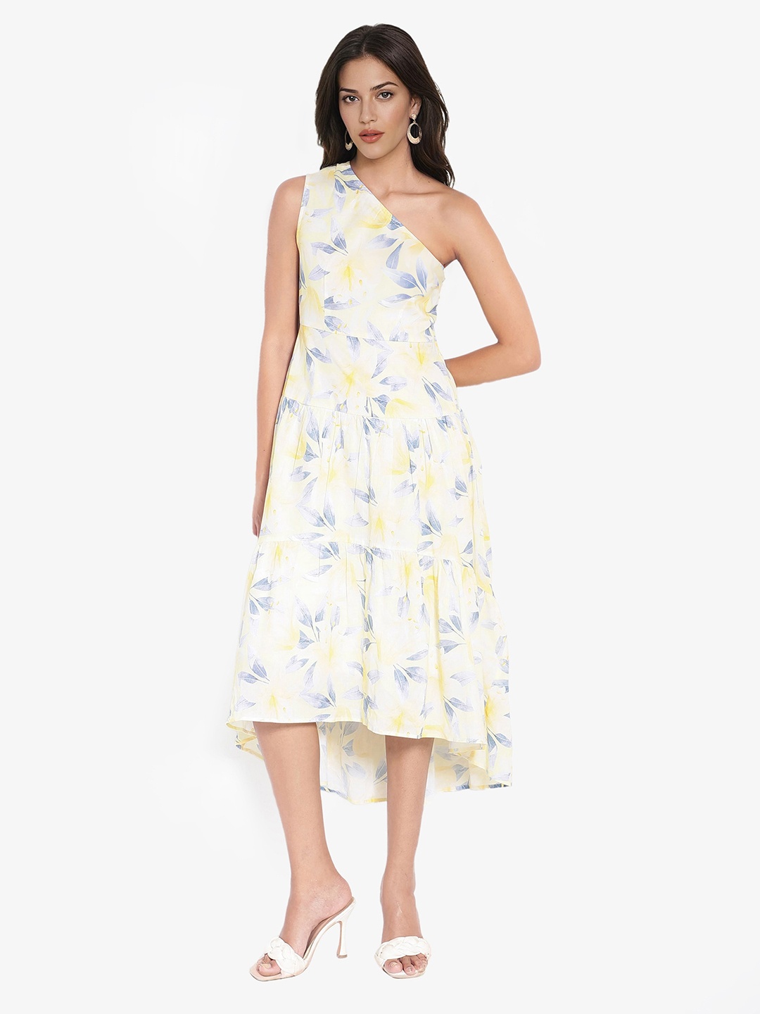 

RAREISM One Shoulder Floral Printed Cotton Fit & Flare Midi Dress, White