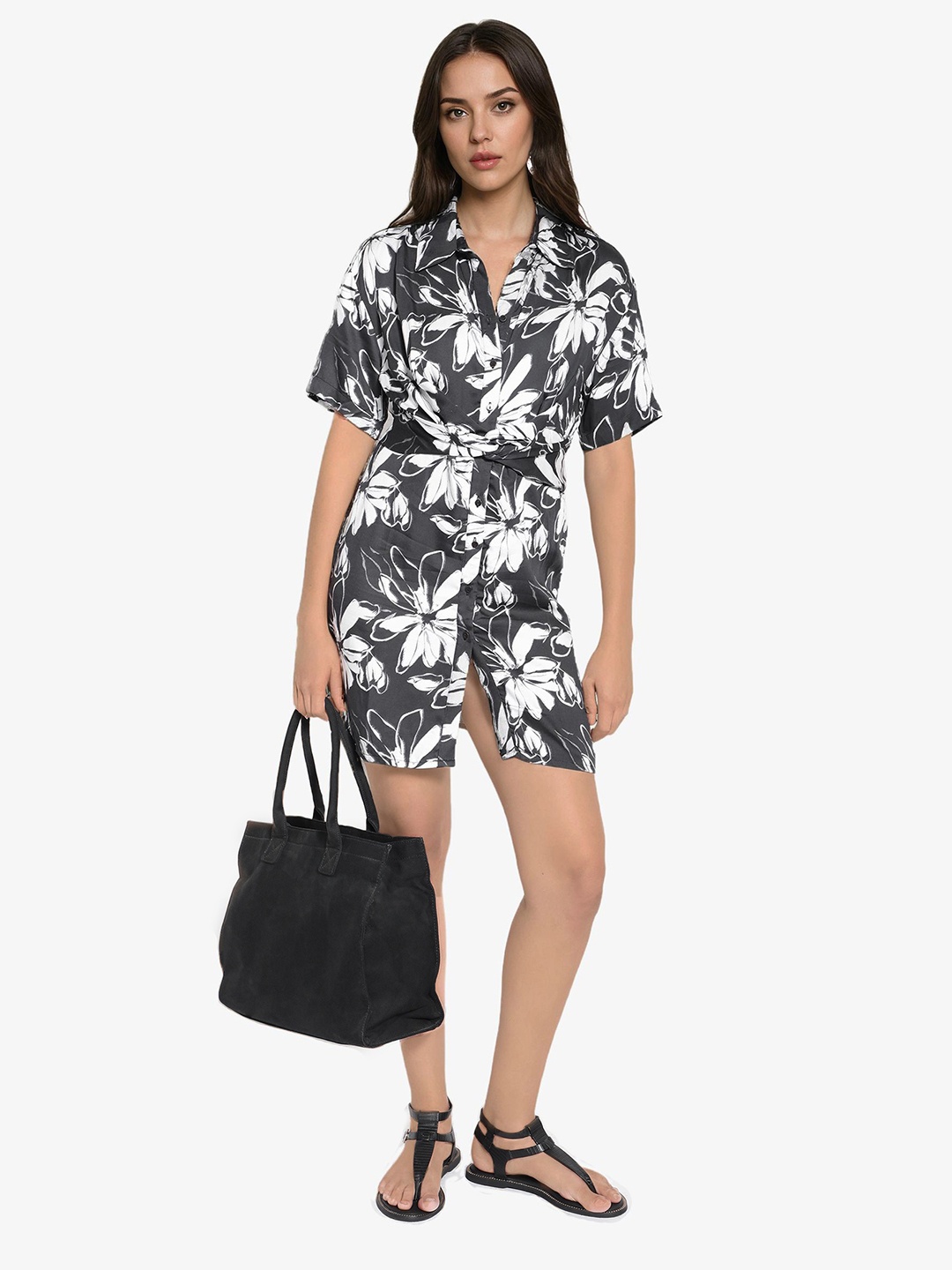 

RAREISM Floral Printed Shirt Mini Dress, Black