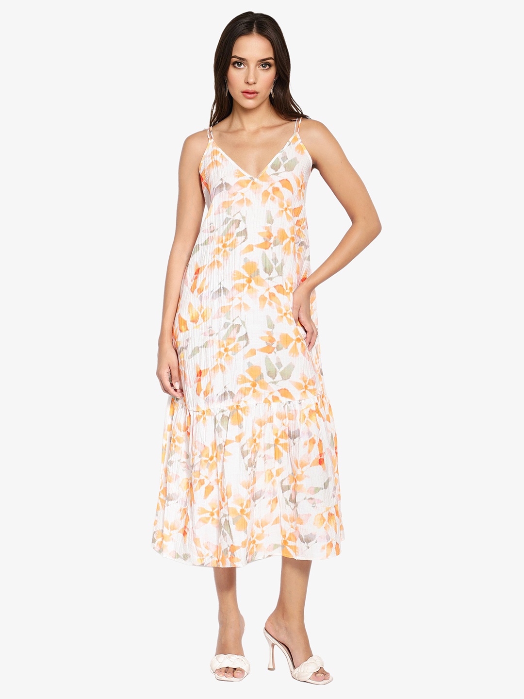 

RAREISM Floral Printed Cotton A-Line Midi Dress, White