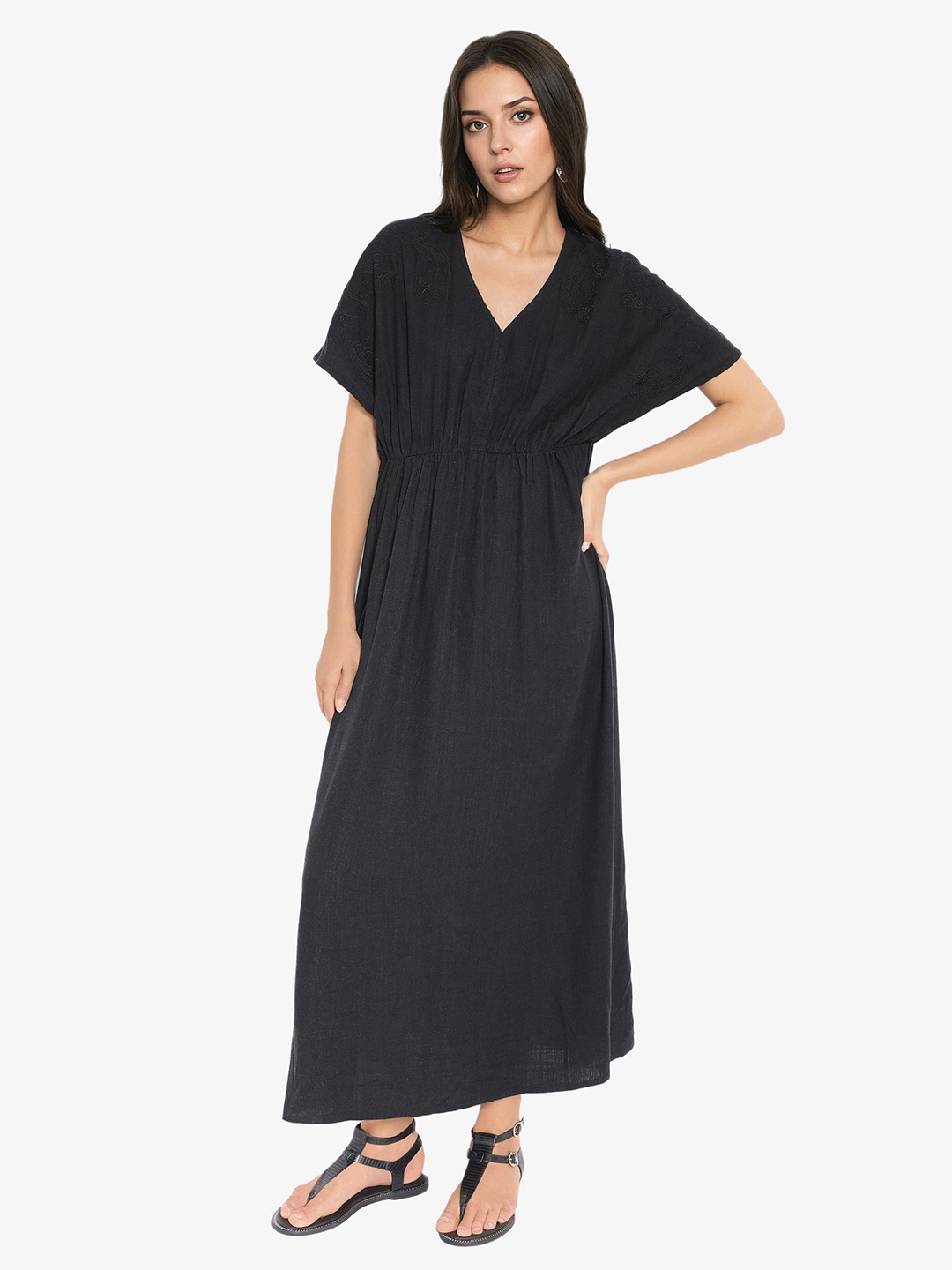 

RAREISM V Neck Linen Maxi Dress, Black