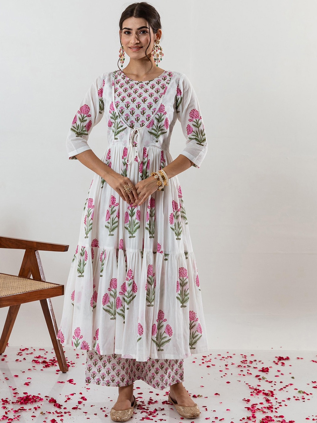 

KALINI Floral Printed Empire Pure Cotton Kurta with Palazzos & Dupatta, Off white