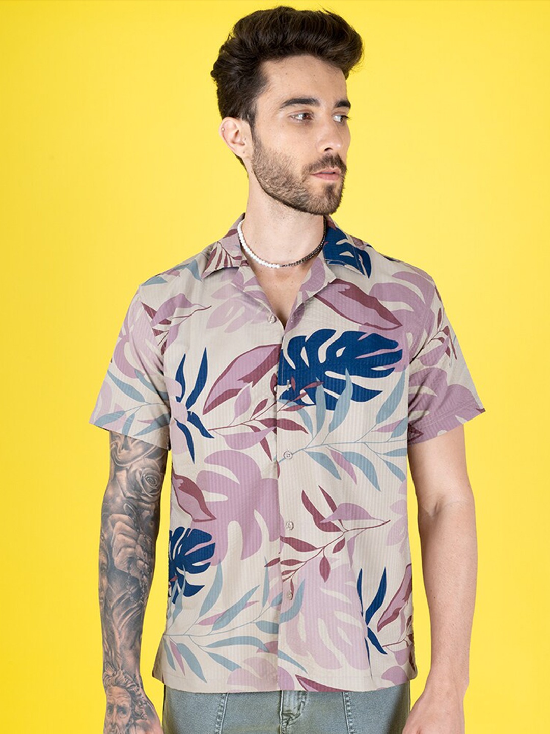 

PEPLOS Relaxed Floral Printed Cuban Collar Casual Shirt, Pink