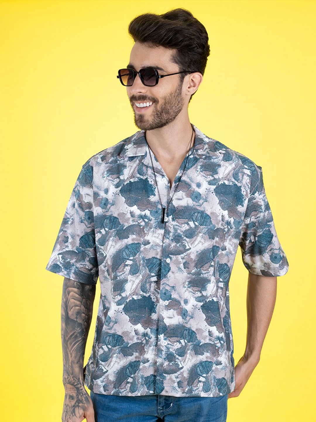

PEPLOS Printed Spread Collar Short Sleeves Cotton Casual Shirt, Blue