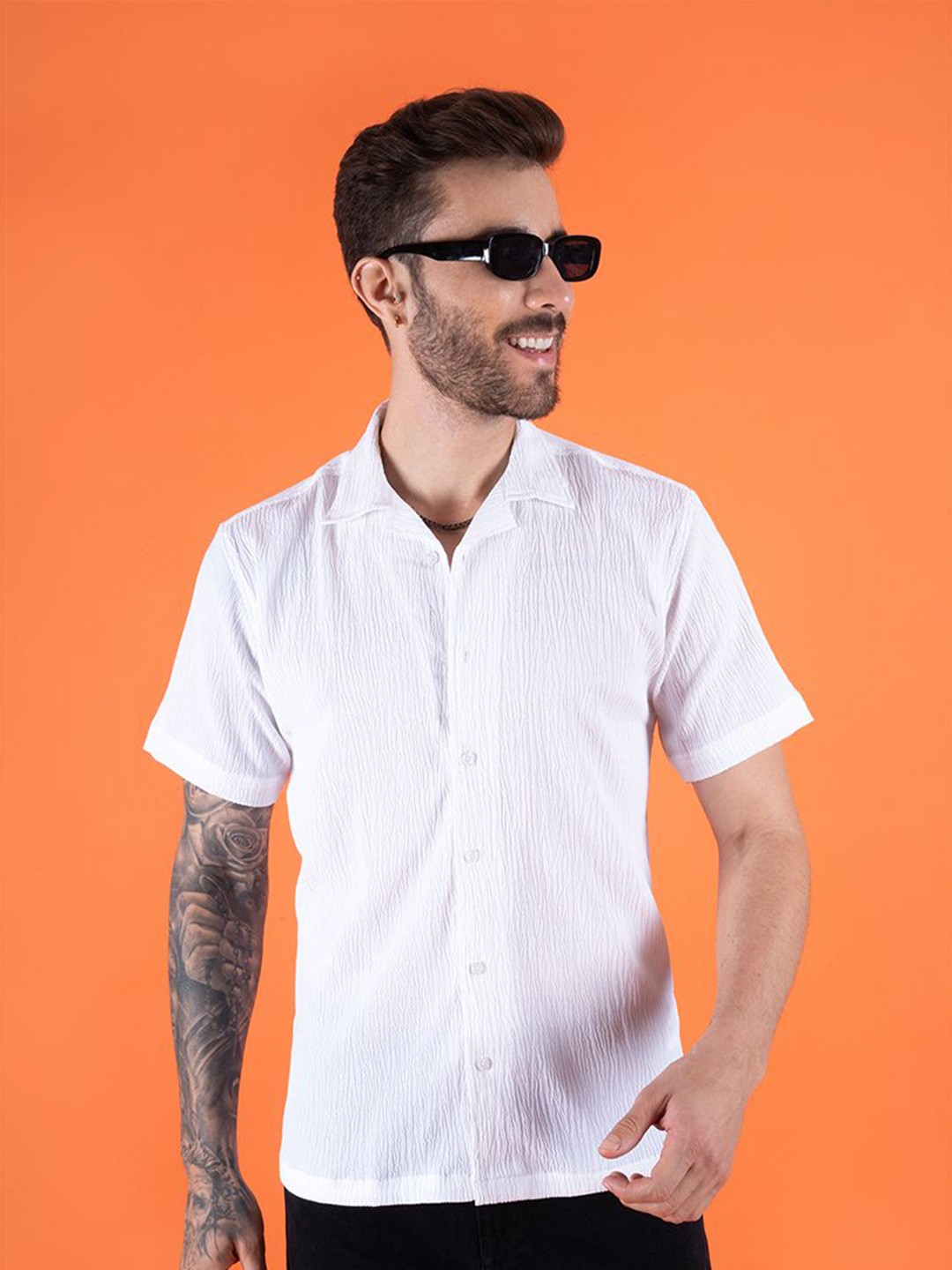 

PEPLOS Comfort Striped Spread Collar Short Sleeves Cotton Casual Shirt, White