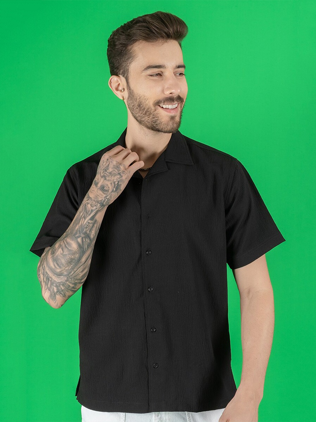 

PEPLOS Comfort Cuban Collar Cotton Casual Shirt, Black