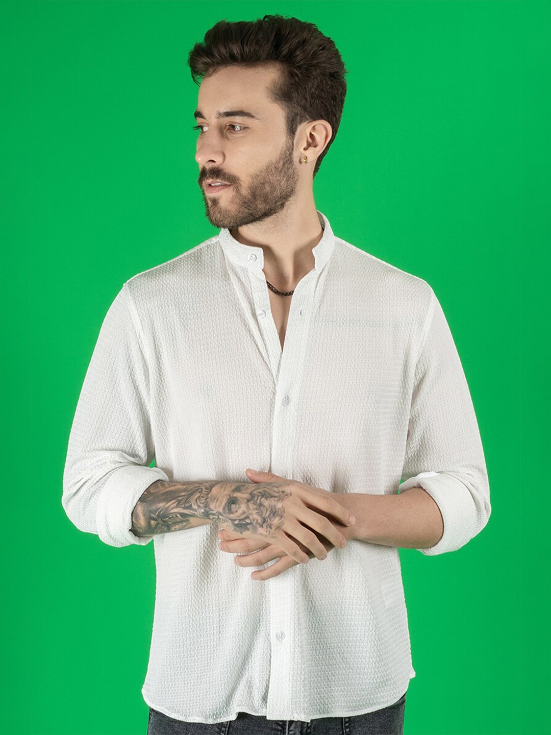 

PEPLOS Striped Mandarin Collar Long Sleeves Casual Shirt, White