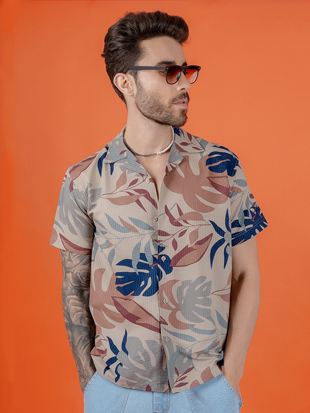

PEPLOS Floral Printed Spread Collar Short Sleeves Cotton Casual Shirt, Brown