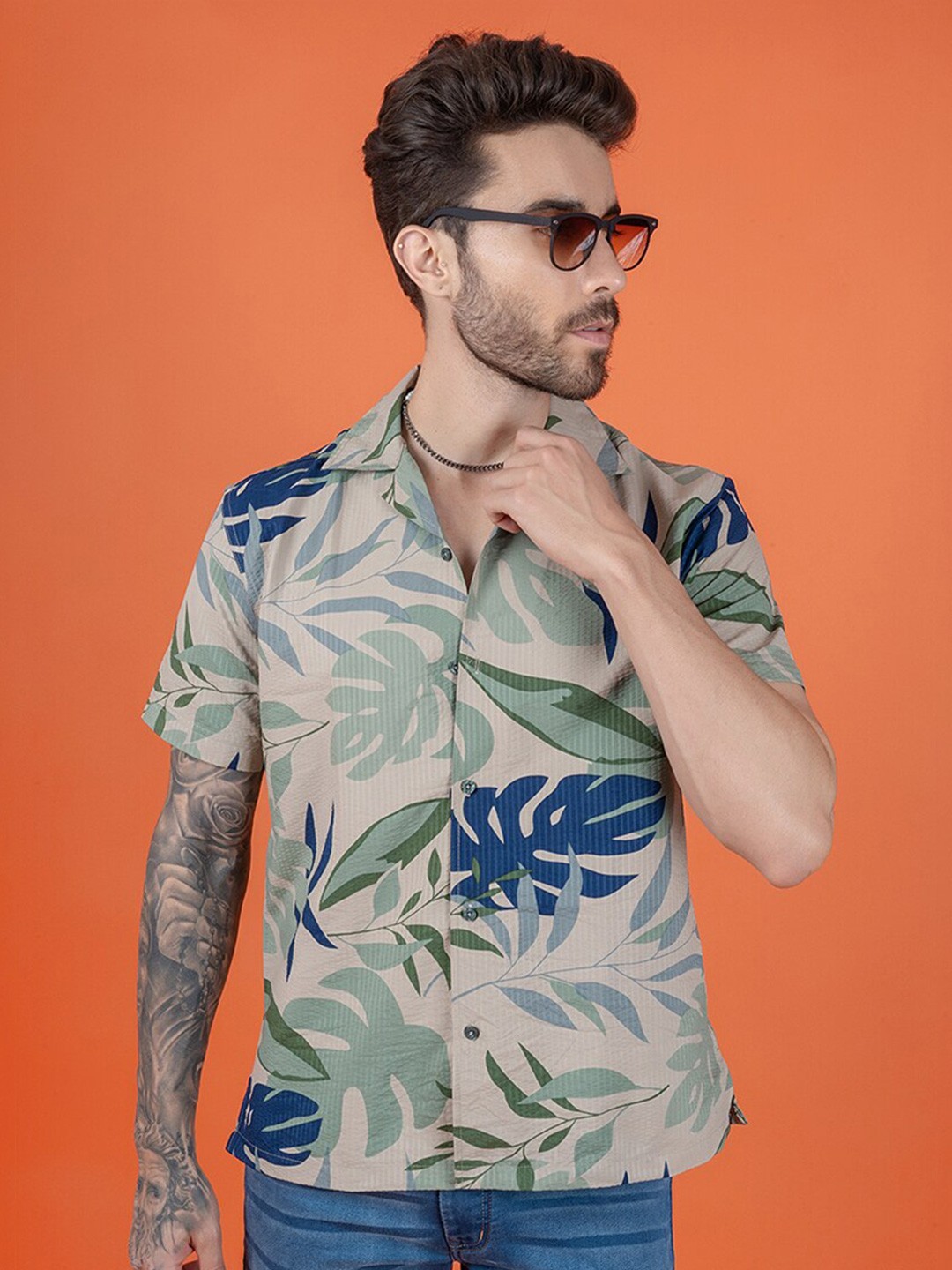 

PEPLOS Relaxed Tropical Printed Cuban Collar Shirt, Green