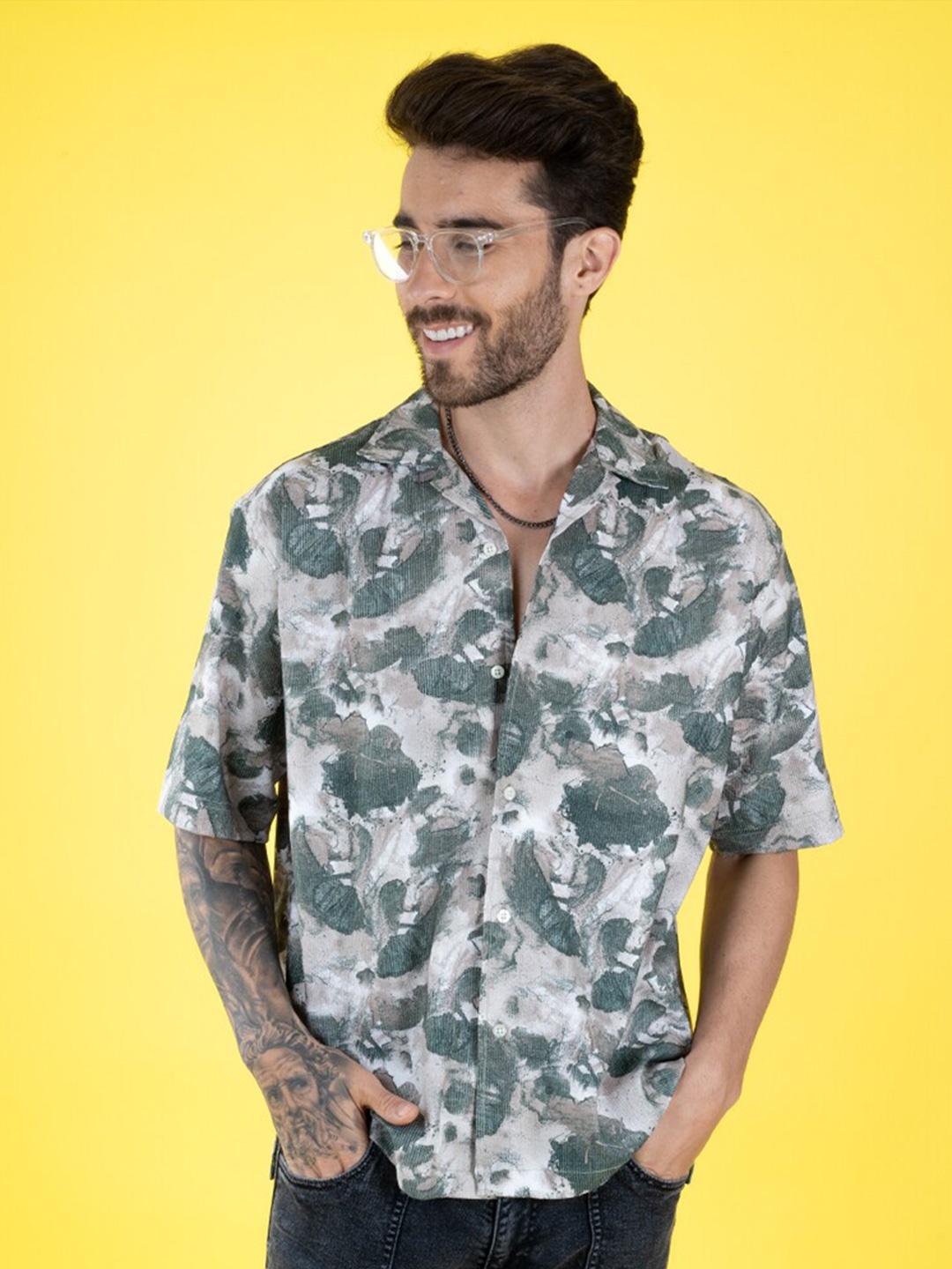 

PEPLOS Printed Spread Collar Short Sleeves Cotton Casual Shirt, Green