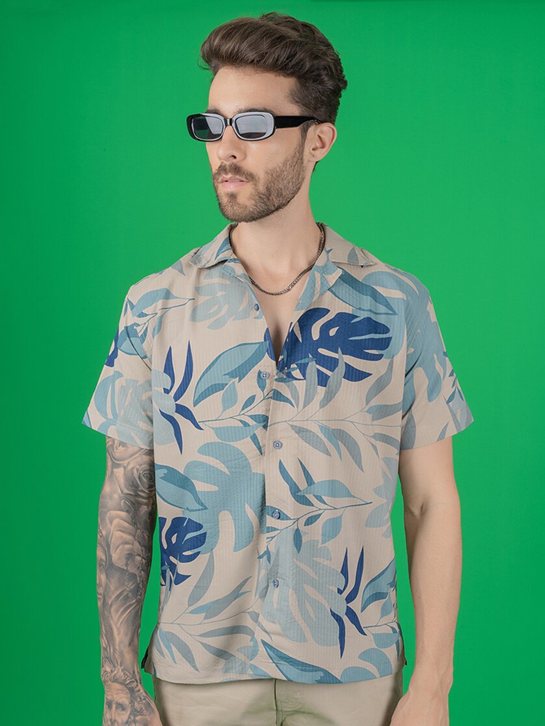 

PEPLOS Floral Printed Spread Collar Short Sleeves Casual Shirt, Blue