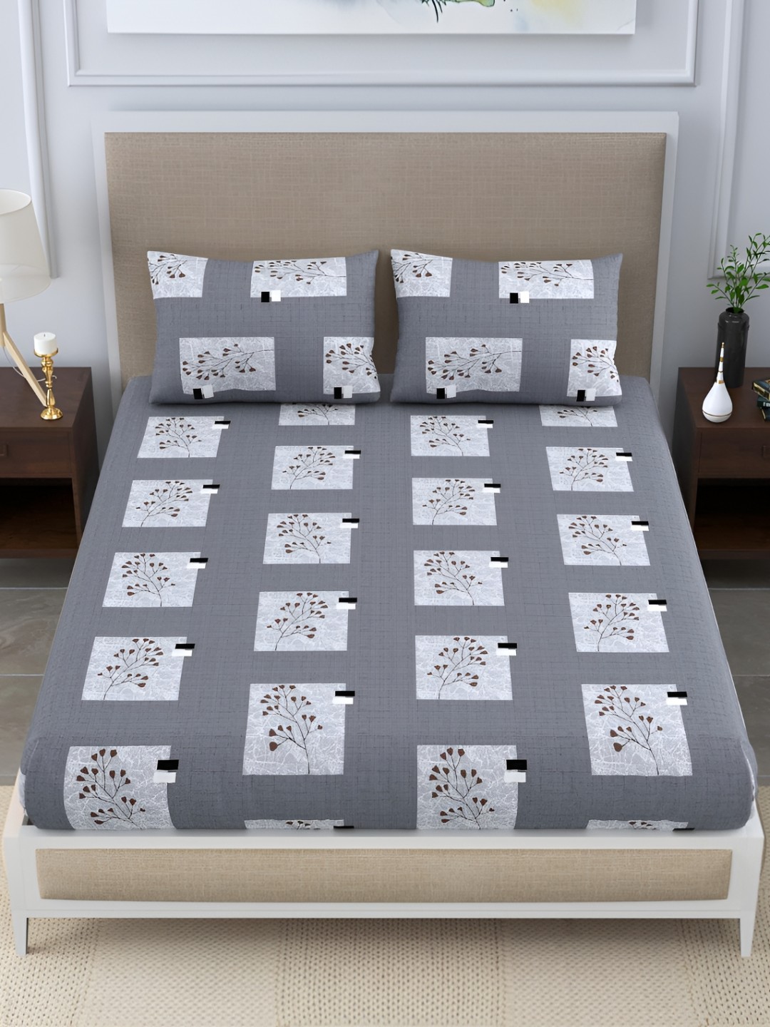 

PHOEBEE Grey & White Floral Cotton 120 TC Single Bedsheet with 1 Pillow Covers
