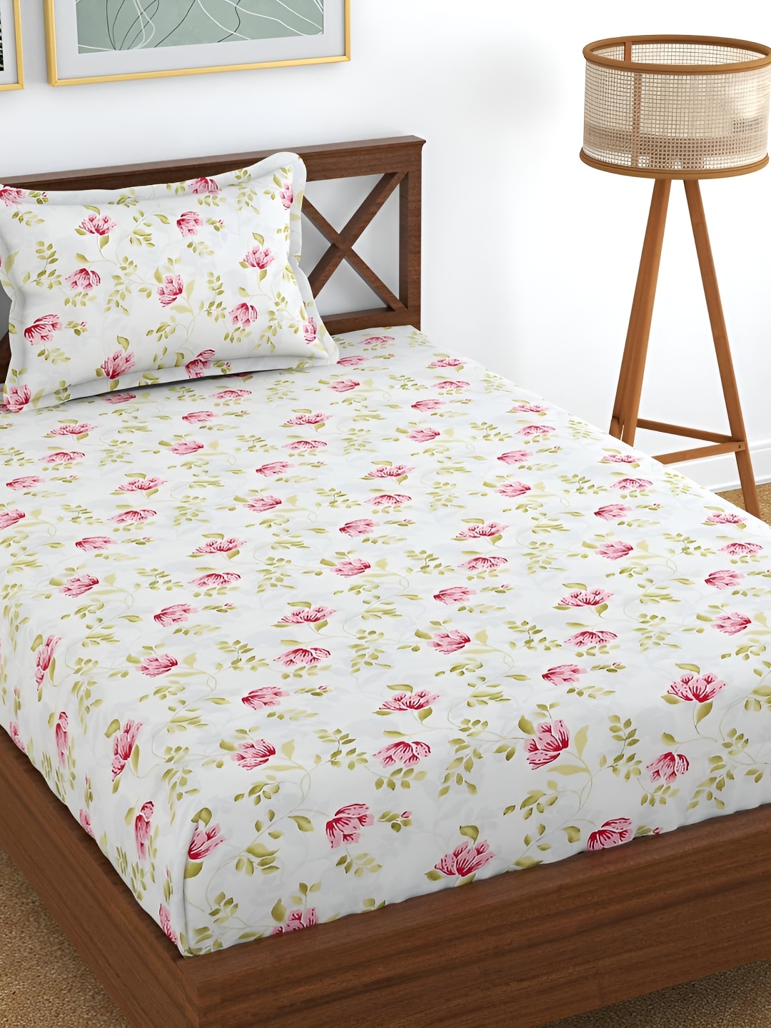 

PHOEBEE White & Brown Floral Cotton 120 TC Single Bedsheet With 1 Pillow Cover