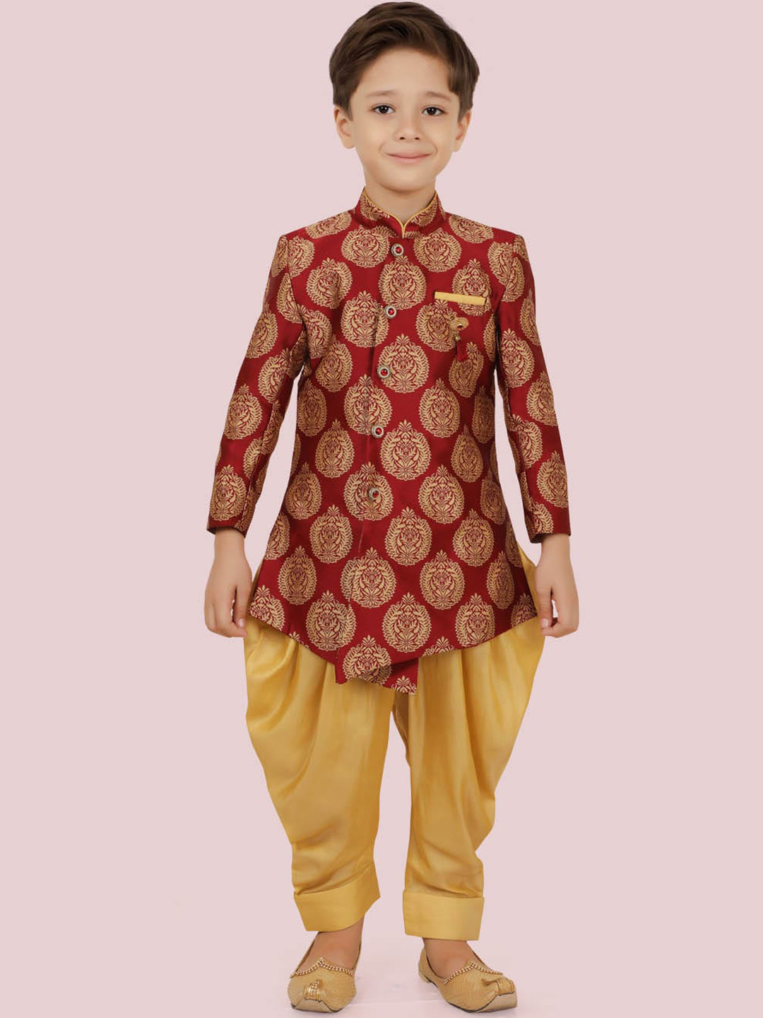 

Ethniks Neu-Ron Boys Ethnic Motifs Regular Chanderi Silk Straight Kurta with Dhoti Pants, Maroon