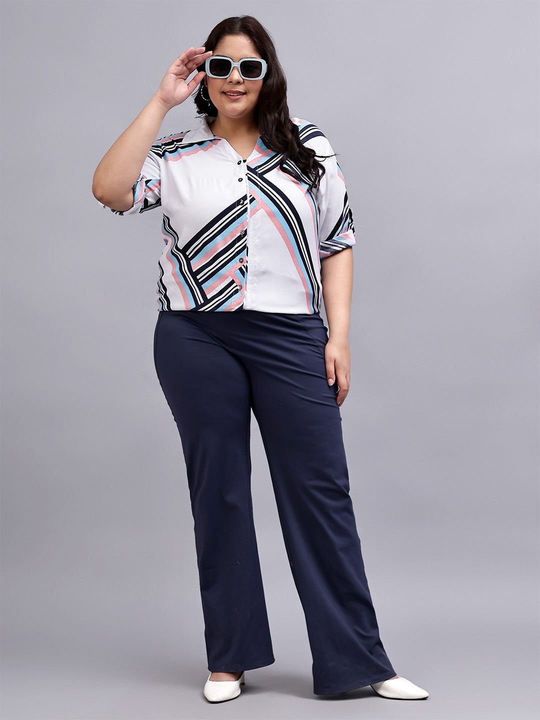 

Indietoga Plus Size Classic Striped Printed Casual Shirt, Pink