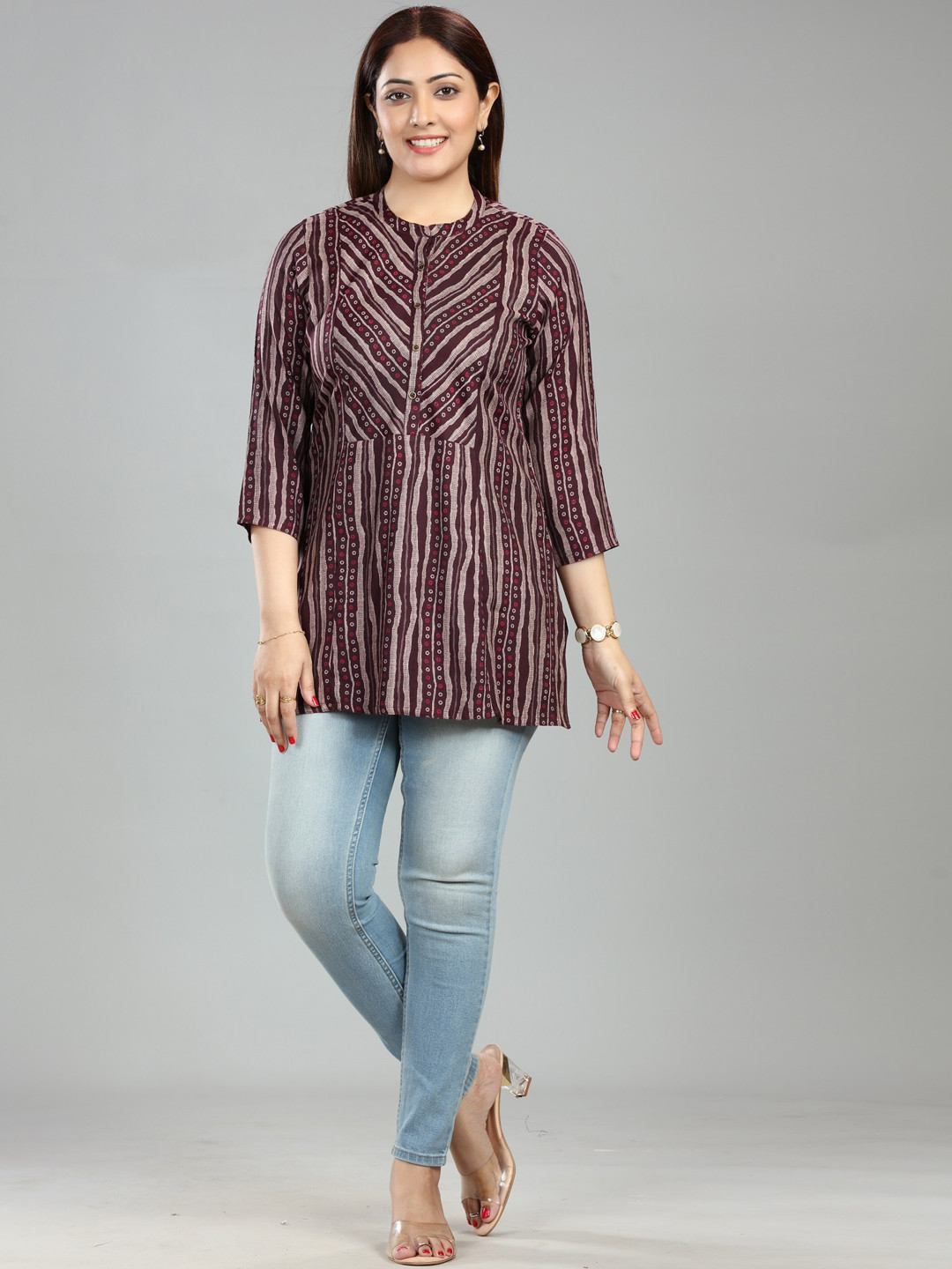 

COTTON CULTURE Striped Beads And Stones Mandarin Collar A-Line Short Kurta, Maroon