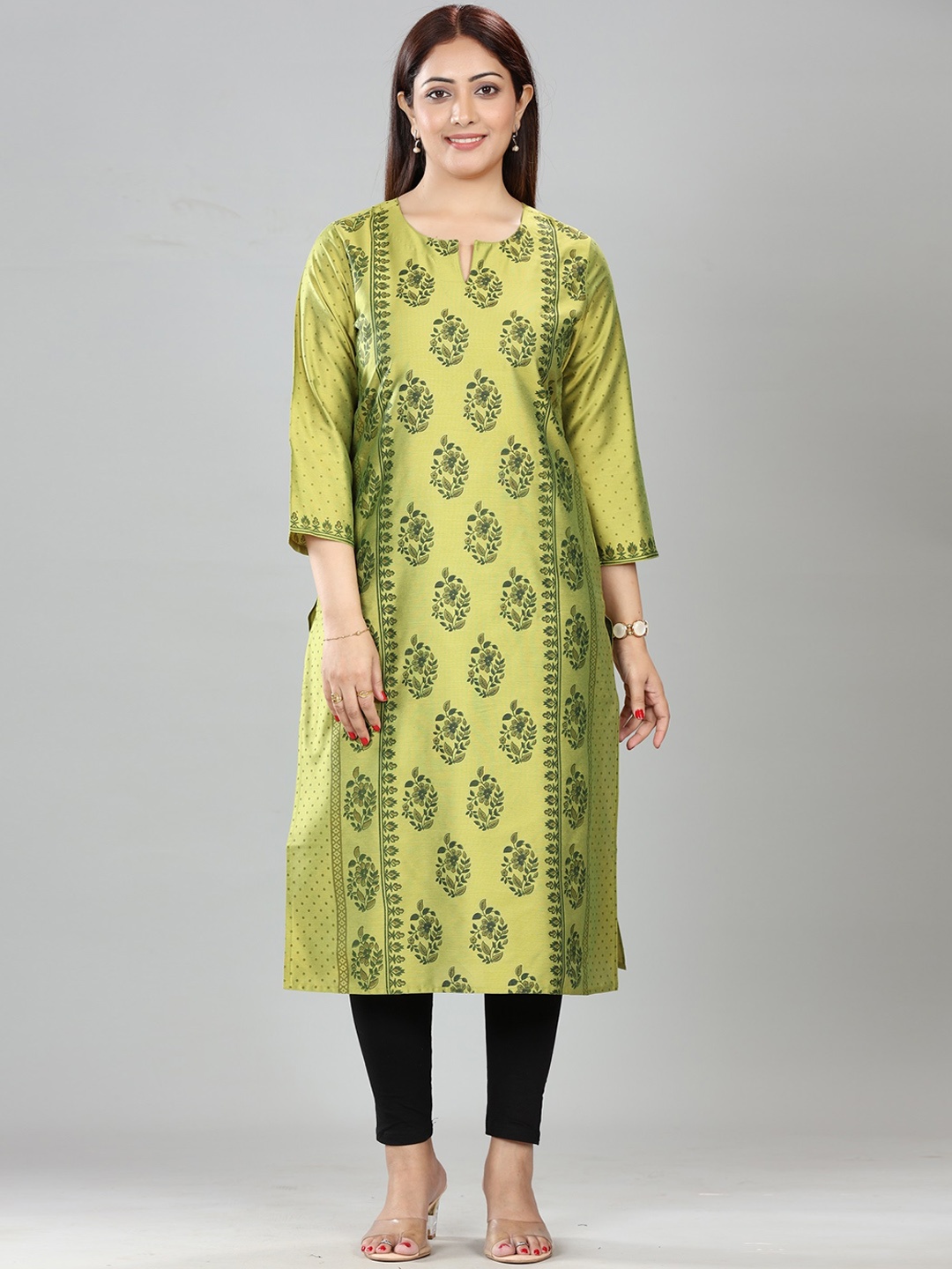 

COTTON CULTURE Panelled Floral Printed Notched Neck Straight Cotton Silk Kurta, Green