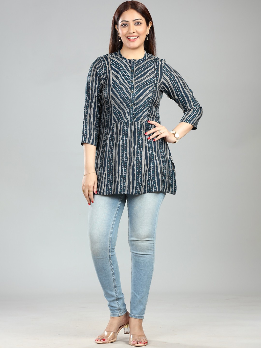 

COTTON CULTURE Striped Thread Work Mandarin Collar A-Line Short Kurta, Navy blue