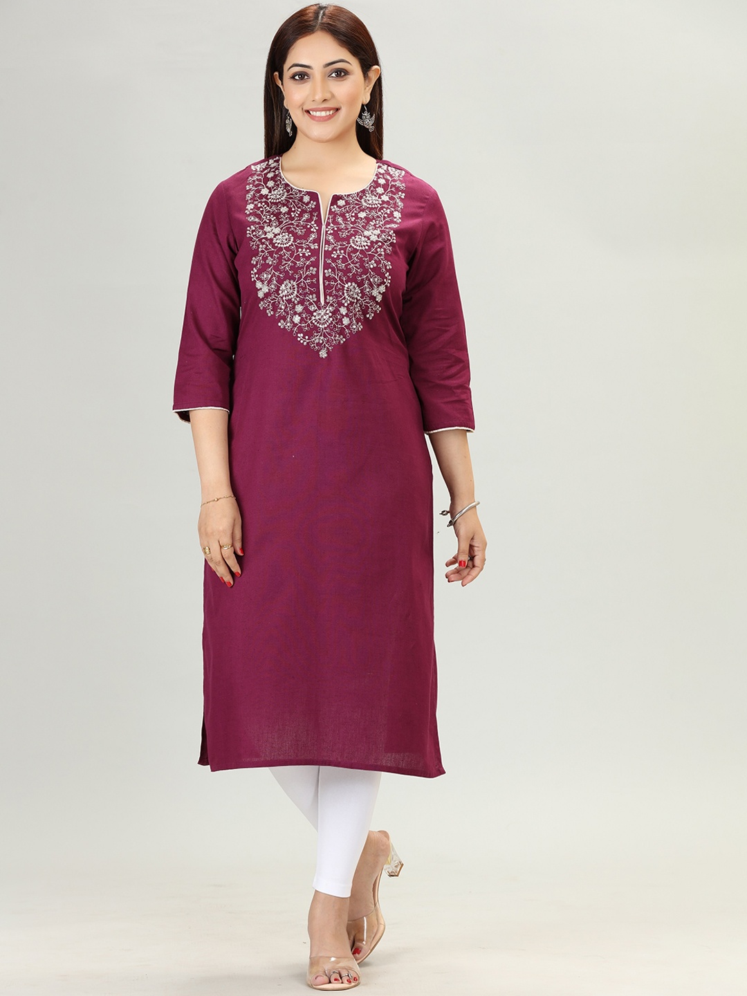 

COTTON CULTURE Floral Yoke Design Thread Work Straight Kurta, Purple