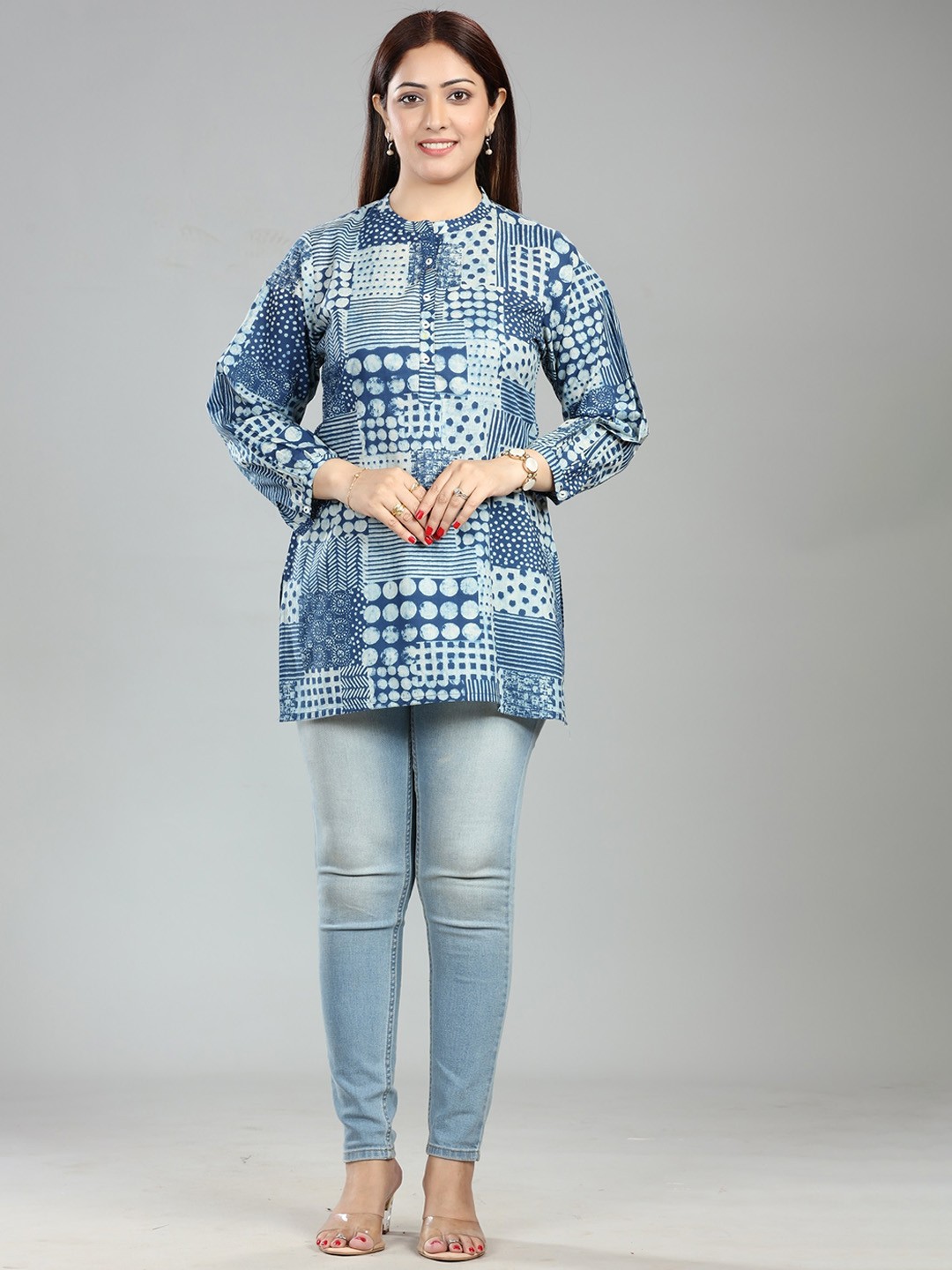 

COTTON CULTURE Abstract Printed Mandarin Collar Long Flared Sleeves A-Line Short Kurti, Navy blue