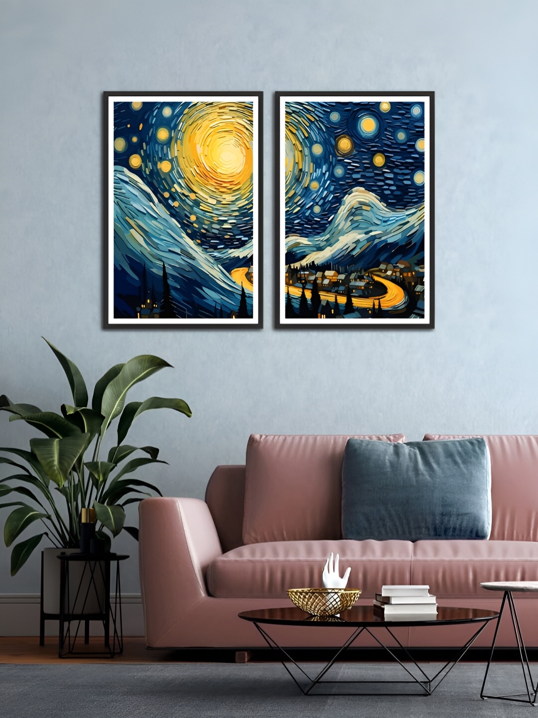 

MITHILA Handicrafts Blue & Yellow 2 Pieces MDF Wall Art