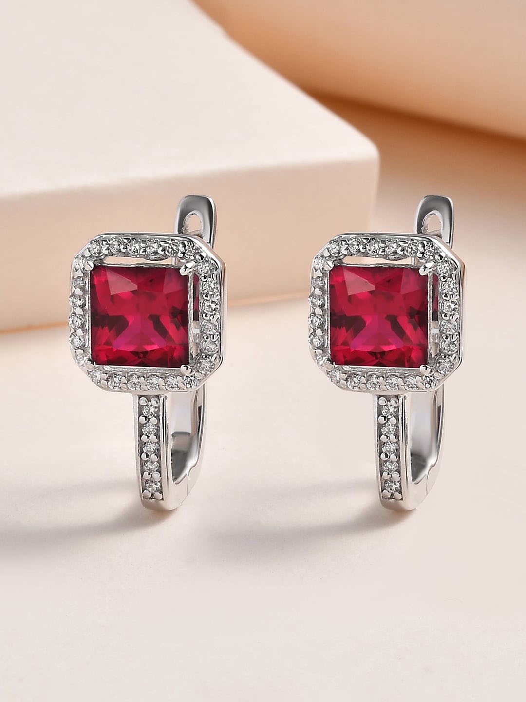 

Ornate Jewels Rhodium Plated 925 Sterling Silver Ruby Hoop Earrings