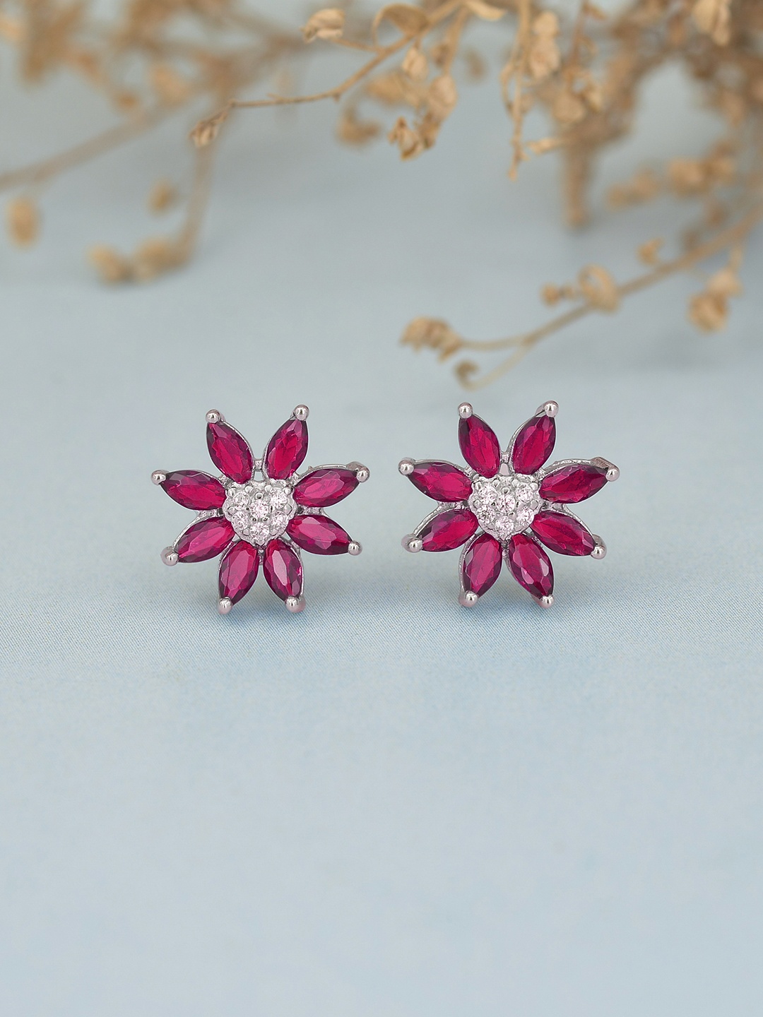 

Ornate Jewels 925 Sterling Silver Ruby Flower Stud Earrings, Red