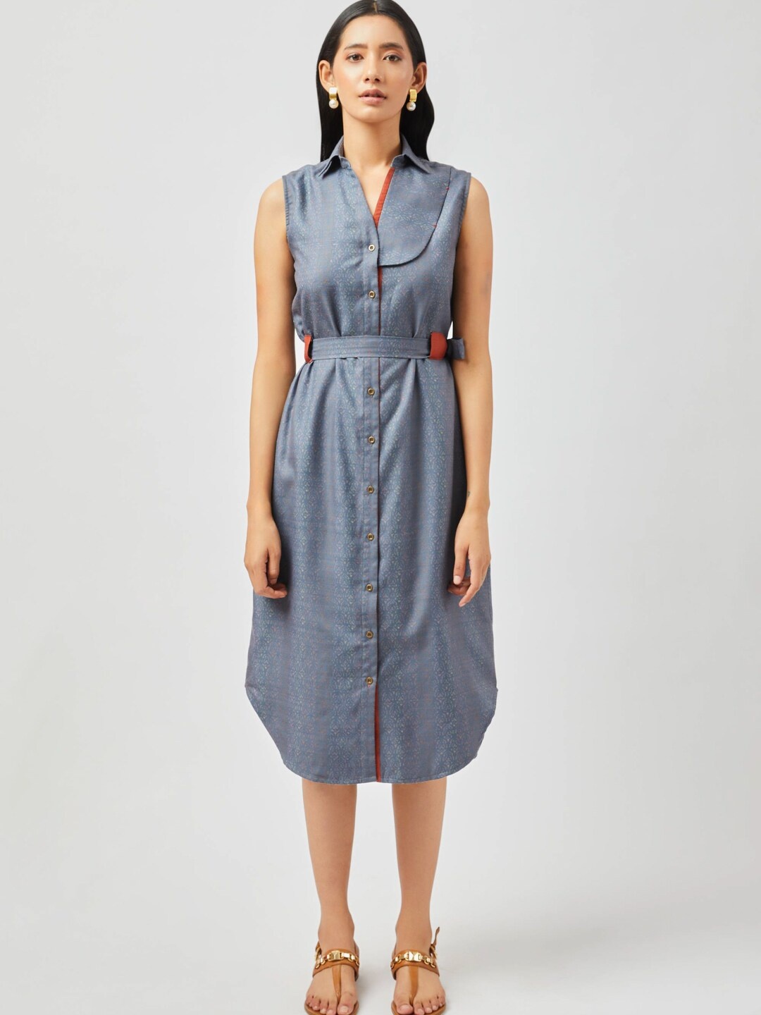 

Contemponari Linen Shirt Collar Shirt Midi Casual Dress, Grey