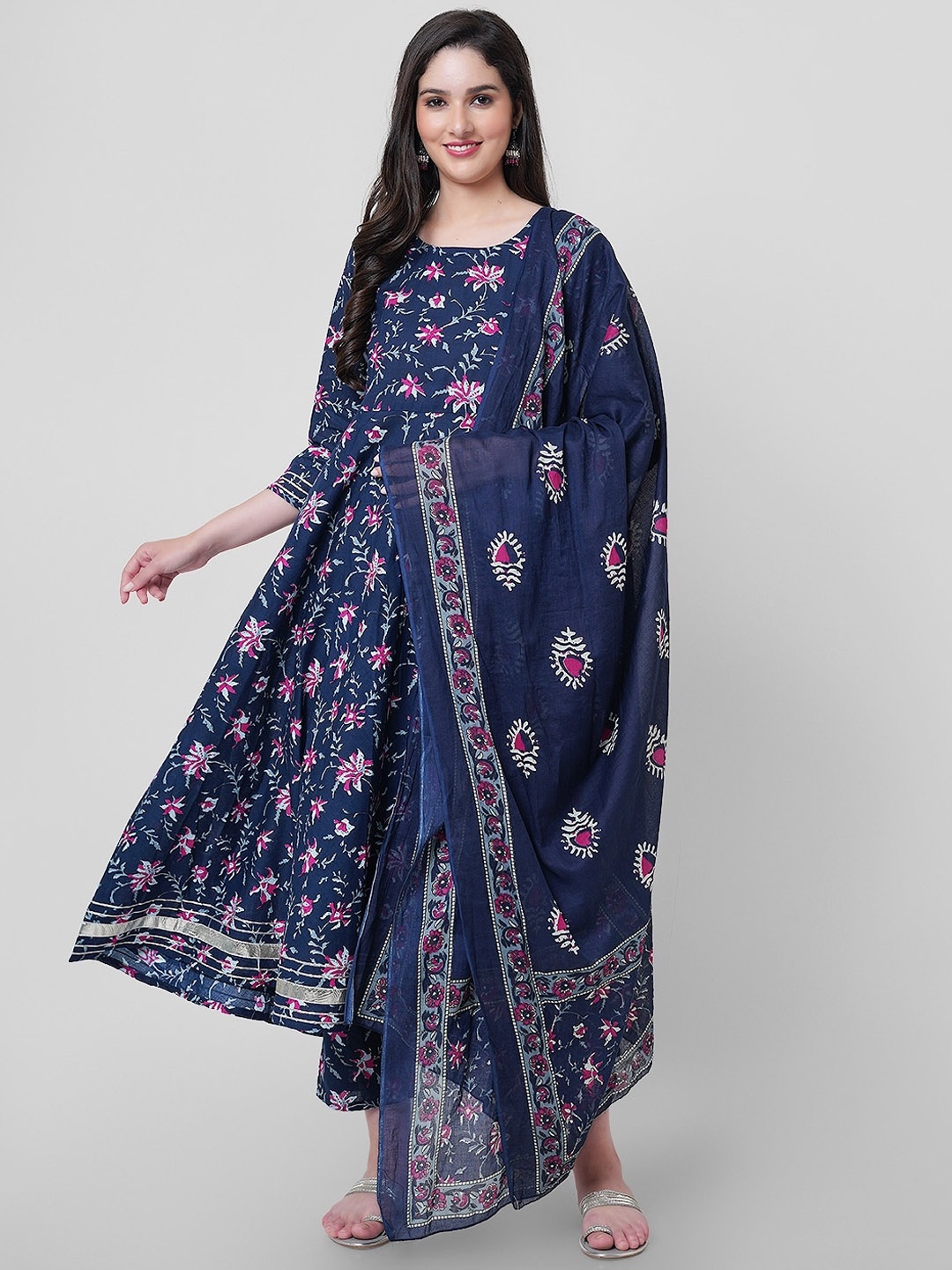 

JANAKDULARI CREATION Floral Regular Pure Cotton A-Line Kurta with Palazzos & Dupatta, Blue