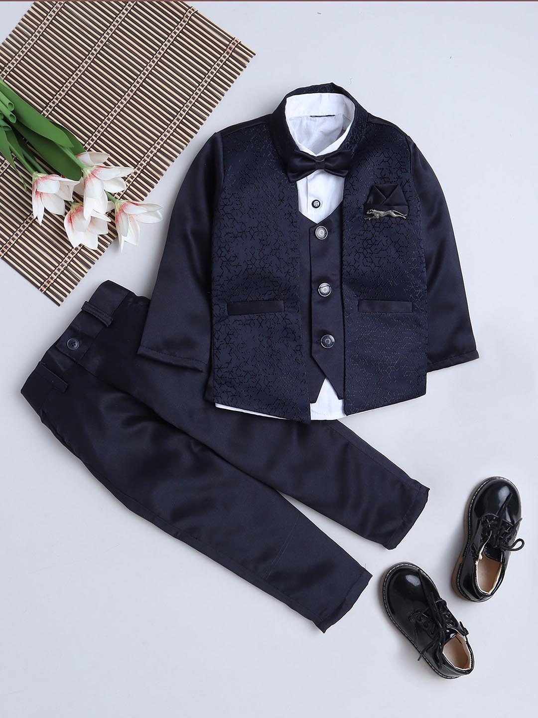 

FOURFOLDS Boys Self Design 3-Piece Party Suits, Navy blue