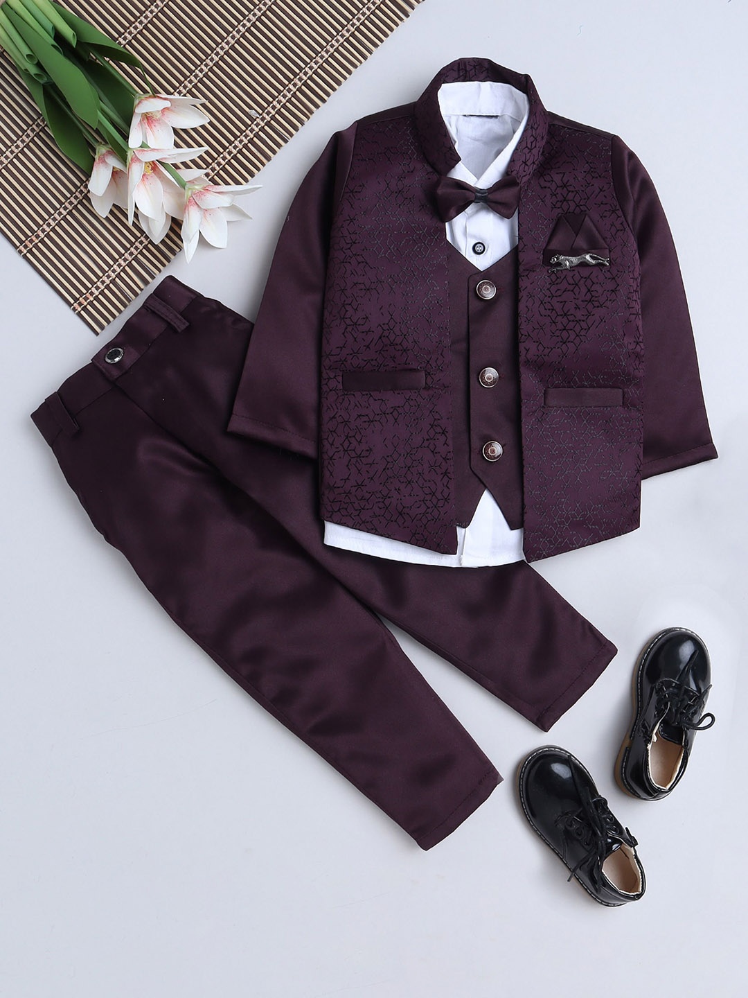 

FOURFOLDS Boys Self Design 3-Piece Party Suits, Maroon