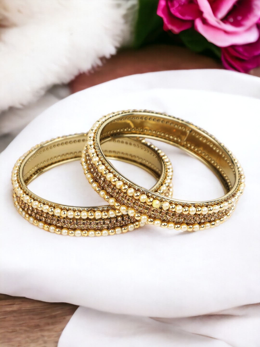 

FEMMIBELLA Set Of 2 Gold-Plated CZ-Studded Bangles