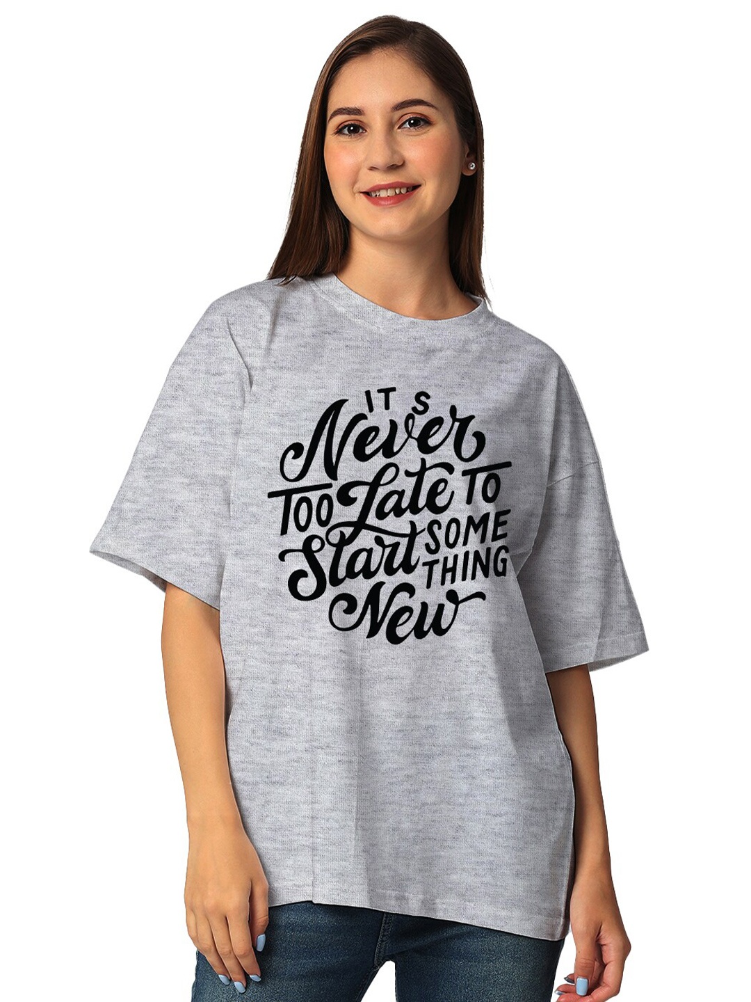 STATUS MANTRA Typography Printed Drop Shoulder Sleeves Pure Cotton T-shirt, Grey