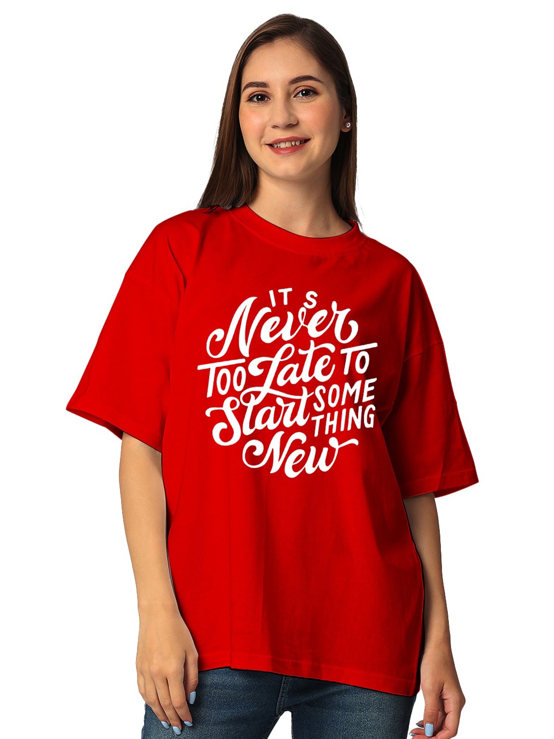 

STATUS MANTRA Typography Printed Drop-Shoulder Sleeves Pure Cotton Oversized T-shirt, Red
