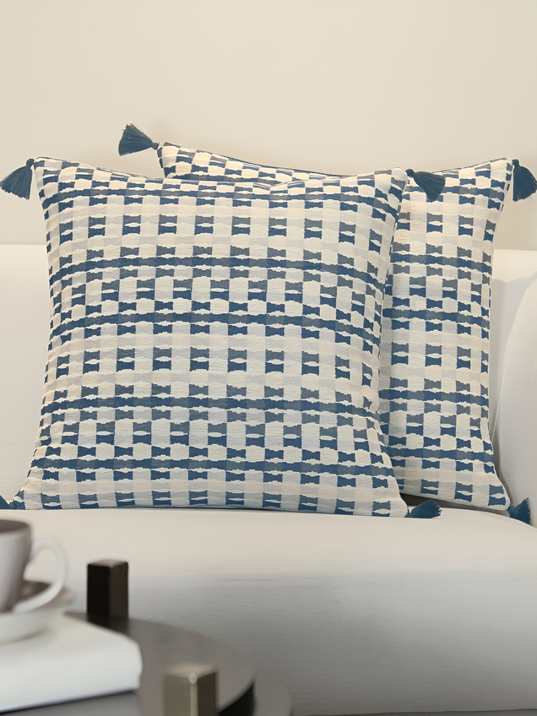 

GM Blue & White 2 Pieces Self Design Square Cushion Covers