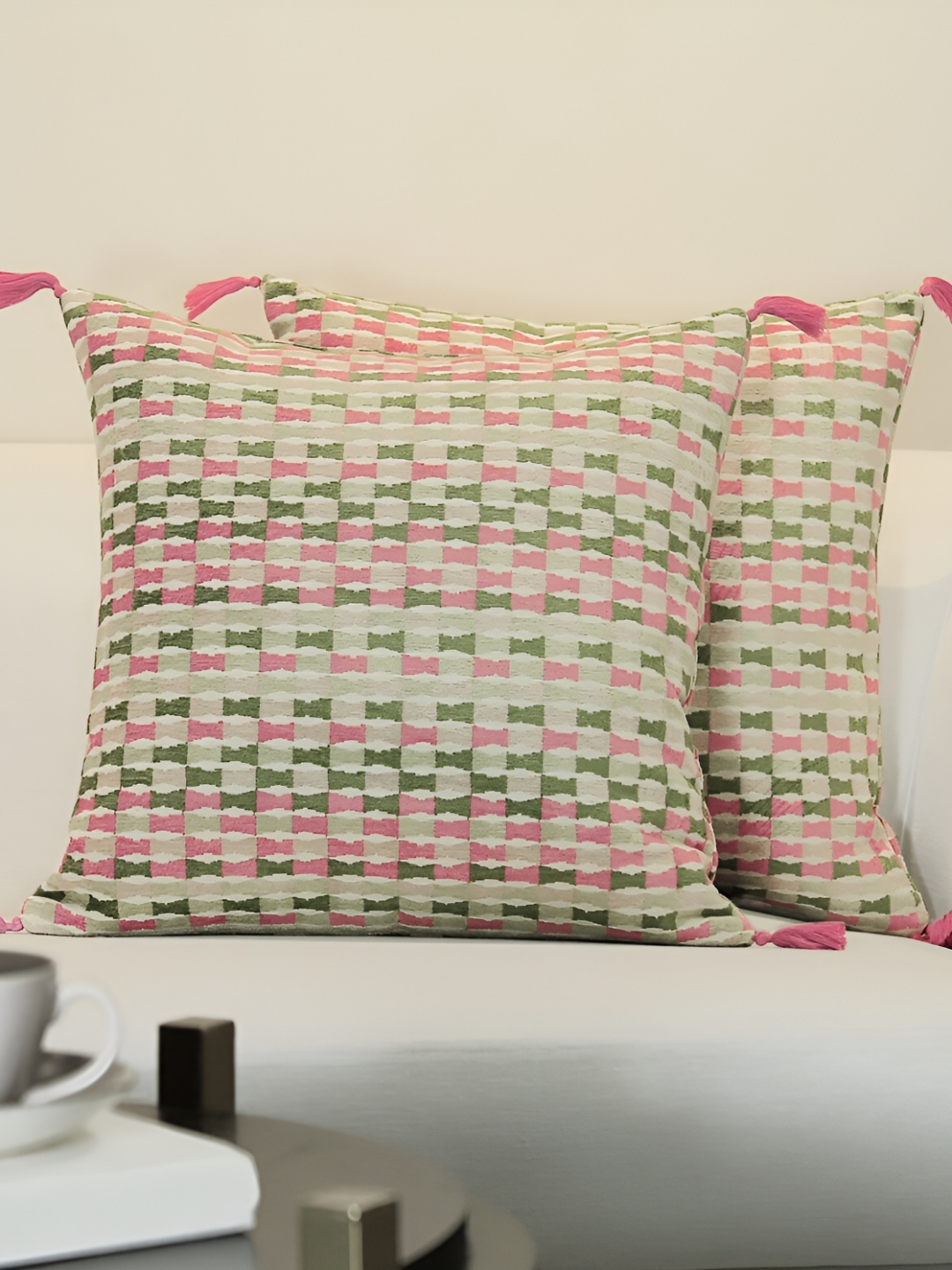 GM Pink & Green 2 Pieces Self Design Square Cushion Covers