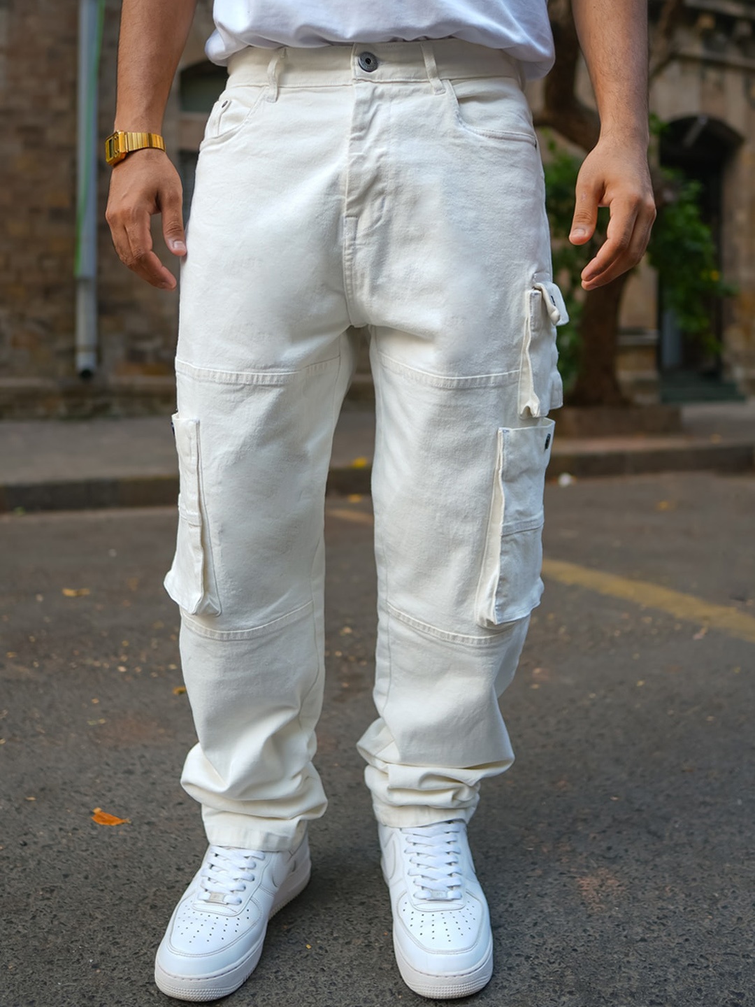 

Powerlook Men Boyfriend Fit Pure Denim Cargo Jeans, Off white