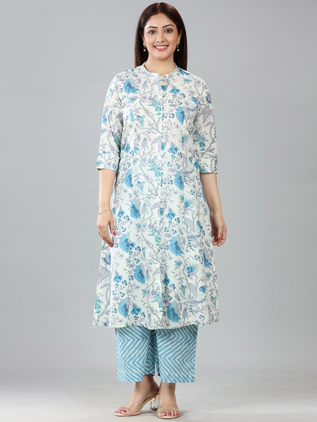 

COTTON CULTURE Floral Printed Mandarin Collar Pure Cotton A-Line Kurta with Palazzos, Off white